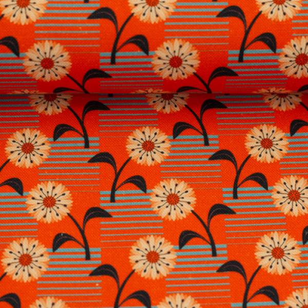 Baumwollcanvas Rocha Blumen, Streifen türkis/orange by Swafing